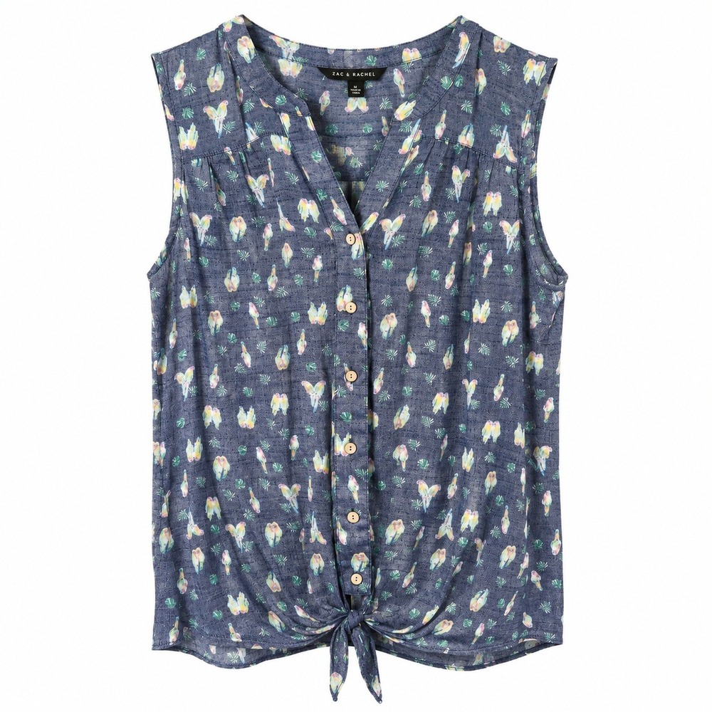 Zac & Rachel Blouse Womens Small Blue Parrot Tropical Tie Front Casual Summer